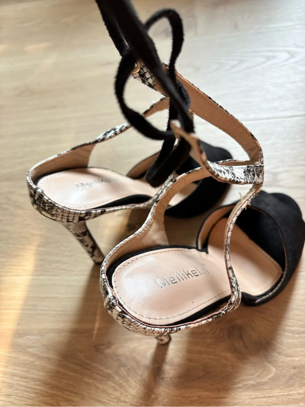 Merrell Black Suede Peep-Toe Heels with Snake-Print Ankle Straps